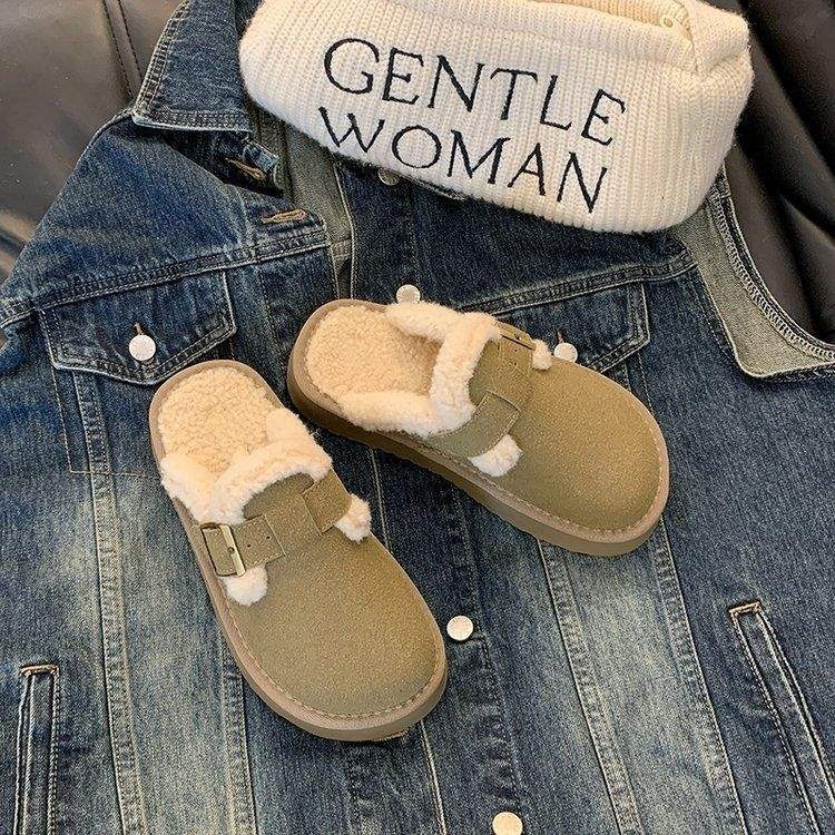 Ženske Birkenstock-stil papuče s krznom, gornji dio telećeg velura, gumeni potplat, protuklizni, zatvoren vrh, debljina potplata 0–3 cm