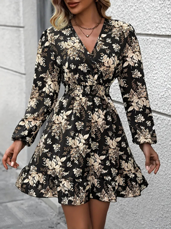 Rochie midi pentru femei cu imprimeu plante și flori, decolteu în V, mâneci lungi, croială A-line, poliester