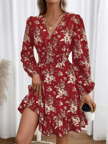 Rochie midi pentru femei cu imprimeu plante și flori, decolteu în V, mâneci lungi, croială A-line, poliester