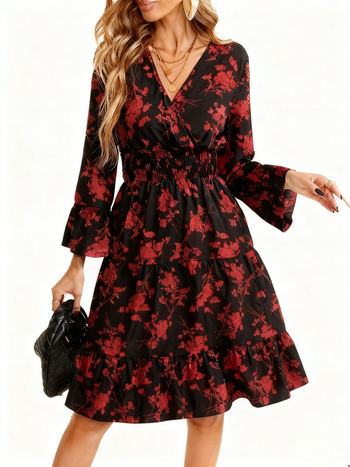 Rochie midi pentru femei cu imprimeu plante și flori, decolteu în V, mâneci lungi, croială A-line, poliester