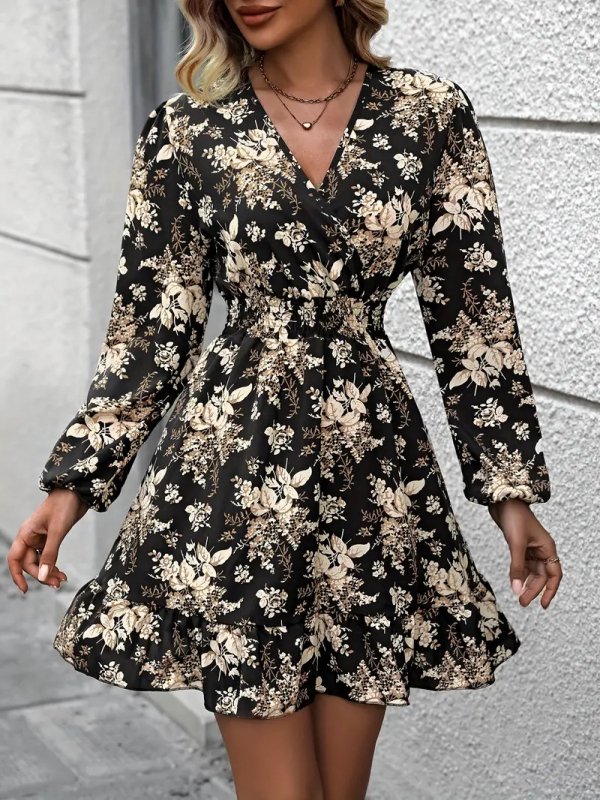 Rochie midi pentru femei cu imprimeu plante și flori, decolteu în V, mâneci lungi, croială A-line, poliester