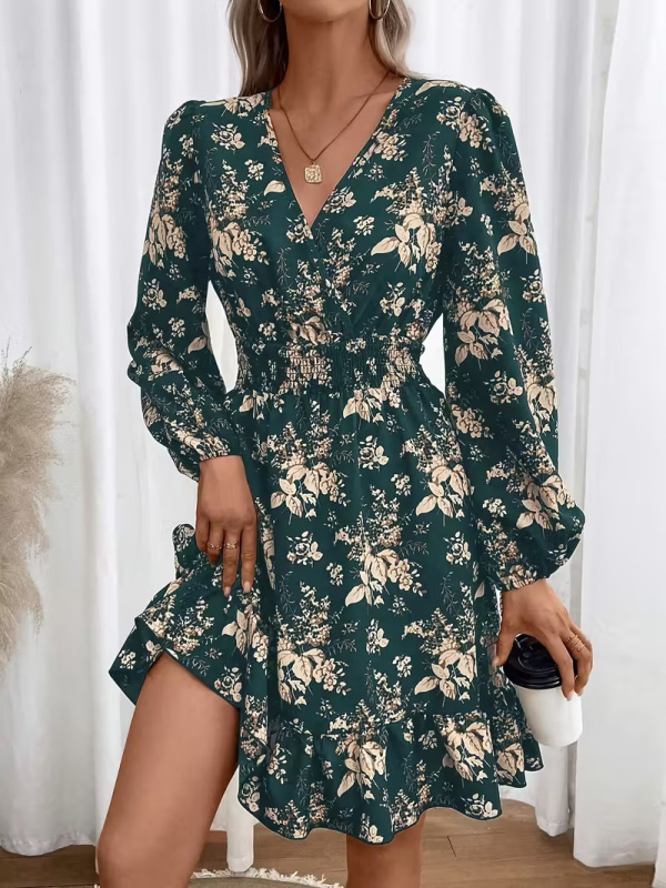 Rochie midi pentru femei cu imprimeu plante și flori, decolteu în V, mâneci lungi, croială A-line, poliester
