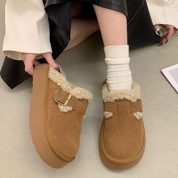 Ženske papuče s debelim potplatom, slip-on, krznena podstava, gornji dio od velura, potplat od pjene