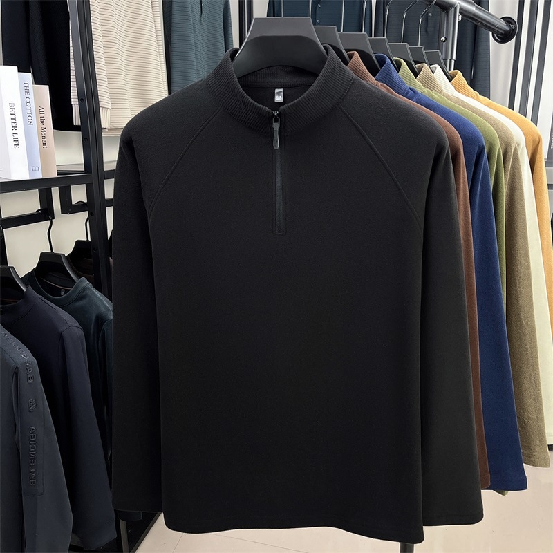 Pánske tričko s polozipom a stojačím golom, dlhý rukáv, úzky strih, jednobarevné (viskózová zmes, jednobarevné, jeseň 2025)