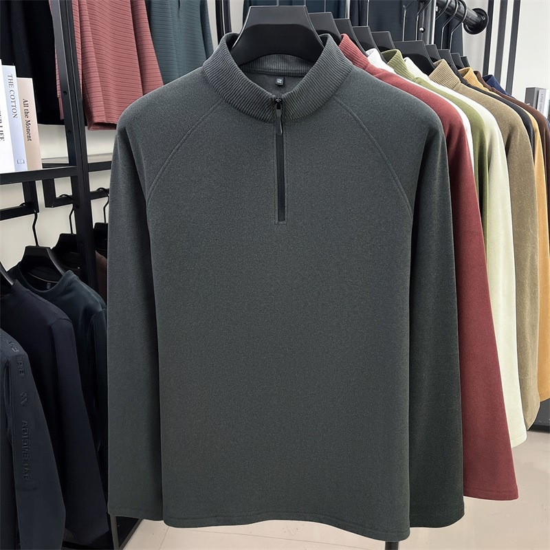 Pánske tričko s polozipom a stojačím golom, dlhý rukáv, úzky strih, jednobarevné (viskózová zmes, jednobarevné, jeseň 2025)