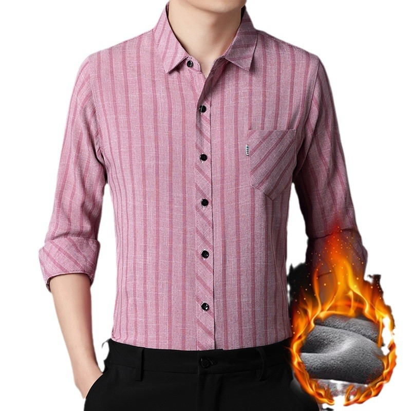 Muška košulja s fleecem, prugasta, dugi rukav, slim fit