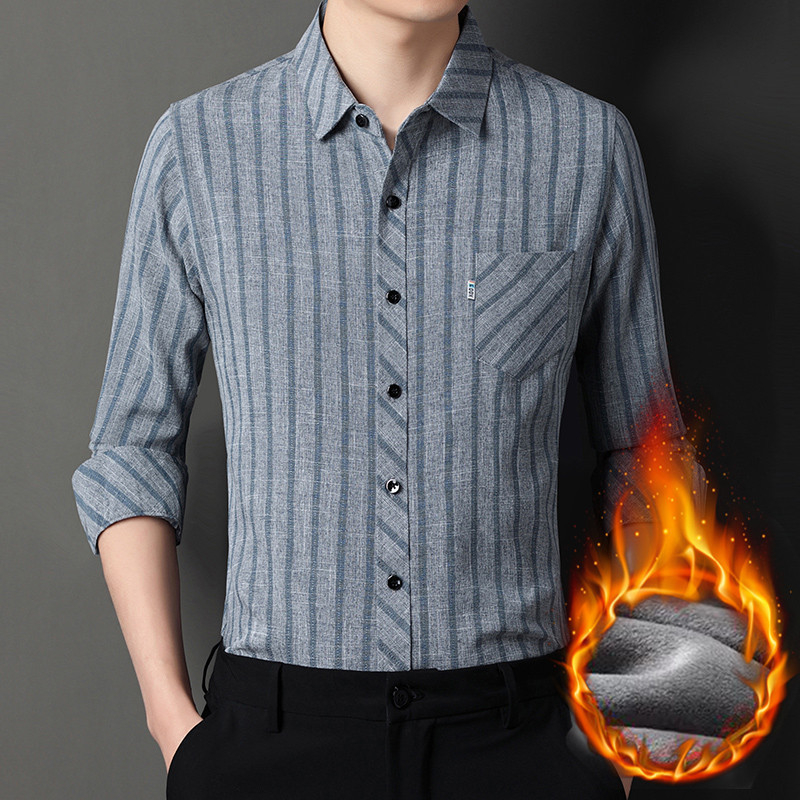 Muška košulja s fleecem, prugasta, dugi rukav, slim fit