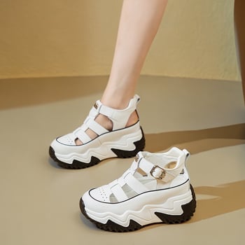 Sandale romane cu talpă groasă, închidere Velcro, talpă din cauciuc, vârf rotund, grosime talpă 4,5 cm, înălțime toc 3–5 cm