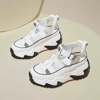 Sandale romane cu talpă groasă, închidere Velcro, talpă din cauciuc, vârf rotund, grosime talpă 4,5 cm, înălțime toc 3–5 cm