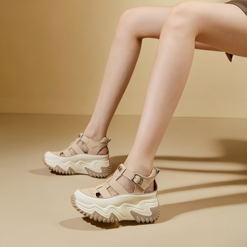 Sandale romane cu talpă groasă, închidere Velcro, talpă din cauciuc, vârf rotund, grosime talpă 4,5 cm, înălțime toc 3–5 cm