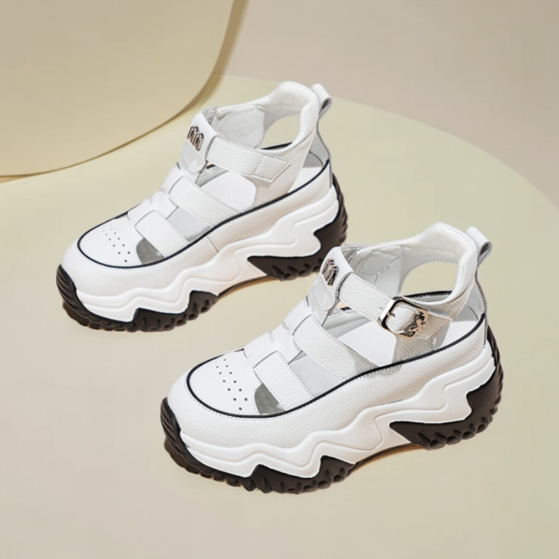 Sandale romane cu talpă groasă, închidere Velcro, talpă din cauciuc, vârf rotund, grosime talpă 4,5 cm, înălțime toc 3–5 cm