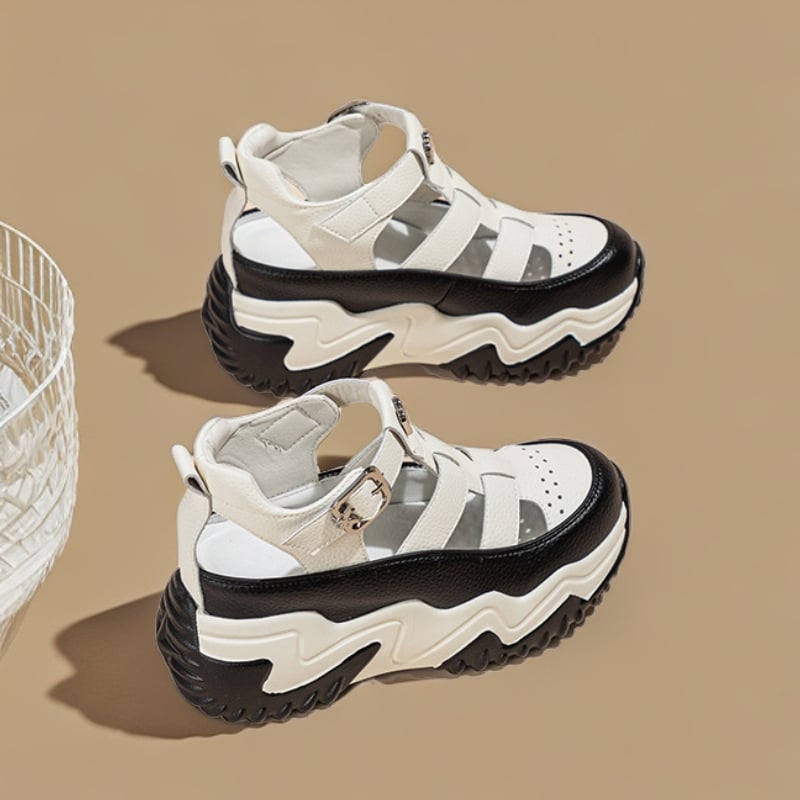 Sandale romane cu talpă groasă, închidere Velcro, talpă din cauciuc, vârf rotund, grosime talpă 4,5 cm, înălțime toc 3–5 cm