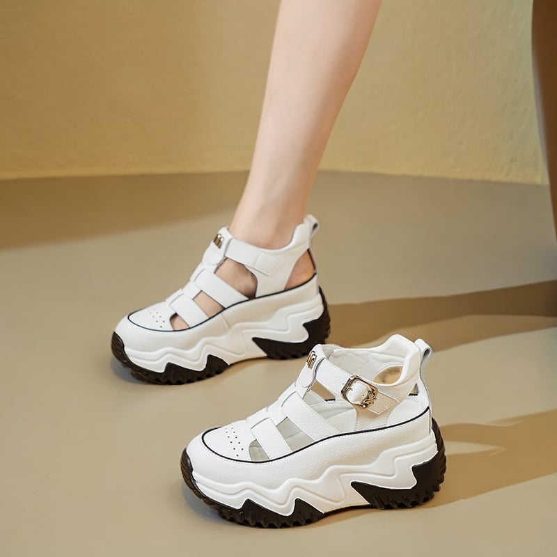 Sandale romane cu talpă groasă, închidere Velcro, talpă din cauciuc, vârf rotund, grosime talpă 4,5 cm, înălțime toc 3–5 cm