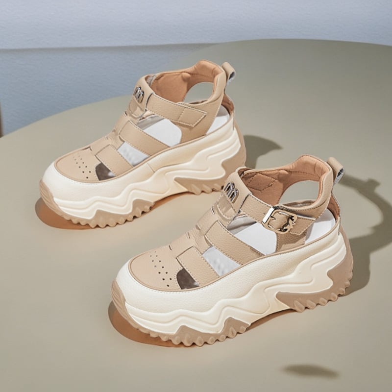 Sandale romane cu talpă groasă, închidere Velcro, talpă din cauciuc, vârf rotund, grosime talpă 4,5 cm, înălțime toc 3–5 cm