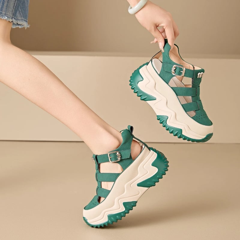 Sandale romane cu talpă groasă, închidere Velcro, talpă din cauciuc, vârf rotund, grosime talpă 4,5 cm, înălțime toc 3–5 cm