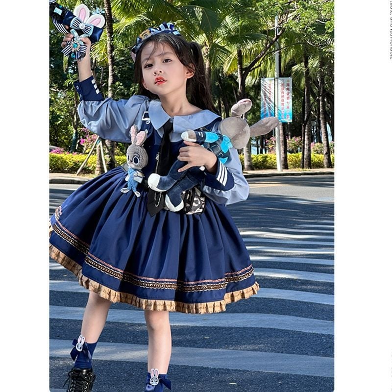 Παιδικό κοστούμι σε δύο μέρη: φόρεμα σε στυλ Rabbit Officer Judy Lolita, terry ύφασμα, 50–70% γούνα κουνελιού, φούστα Α-γραμμής, κατάλληλο για νεογέννητα 0–1 έτους, άνοιξη-φθινόπωρο.