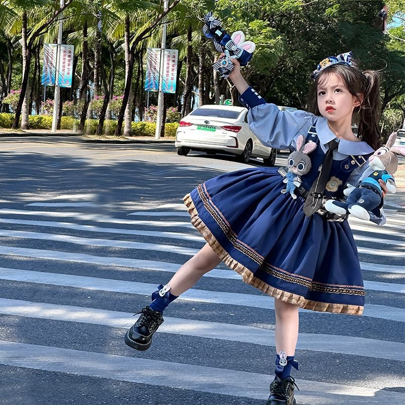 Παιδικό κοστούμι σε δύο μέρη: φόρεμα σε στυλ Rabbit Officer Judy Lolita, terry ύφασμα, 50–70% γούνα κουνελιού, φούστα Α-γραμμής, κατάλληλο για νεογέννητα 0–1 έτους, άνοιξη-φθινόπωρο.