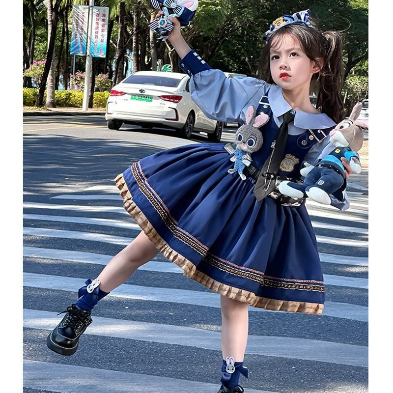 Παιδικό κοστούμι σε δύο μέρη: φόρεμα σε στυλ Rabbit Officer Judy Lolita, terry ύφασμα, 50–70% γούνα κουνελιού, φούστα Α-γραμμής, κατάλληλο για νεογέννητα 0–1 έτους, άνοιξη-φθινόπωρο.