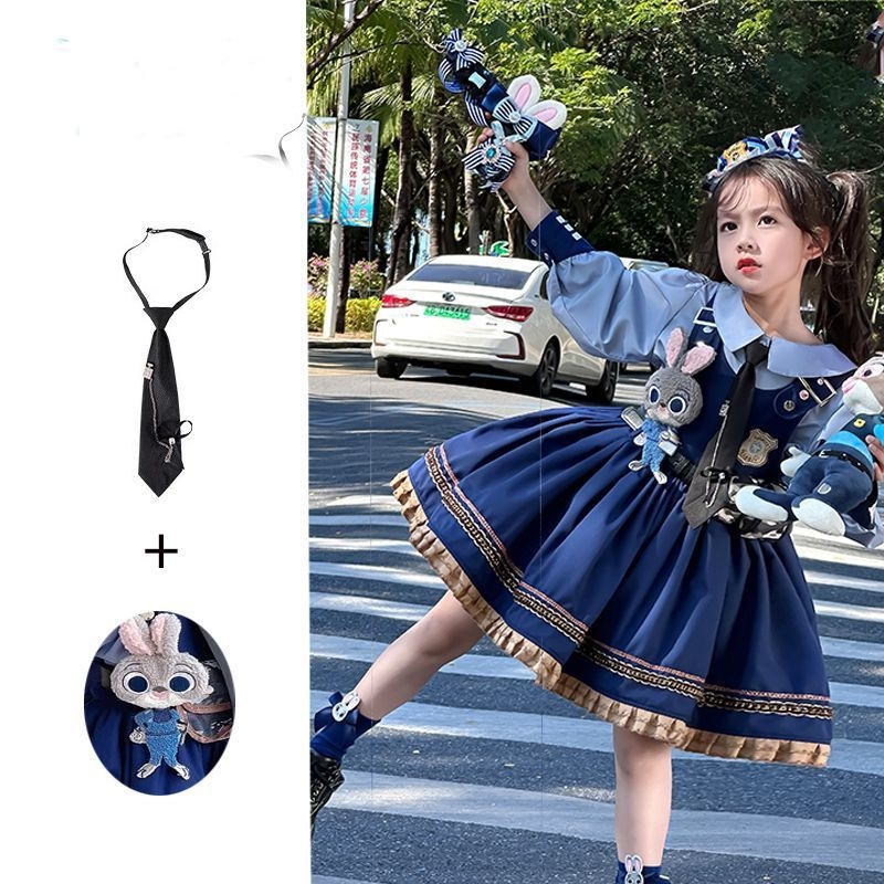 Παιδικό κοστούμι σε δύο μέρη: φόρεμα σε στυλ Rabbit Officer Judy Lolita, terry ύφασμα, 50–70% γούνα κουνελιού, φούστα Α-γραμμής, κατάλληλο για νεογέννητα 0–1 έτους, άνοιξη-φθινόπωρο.