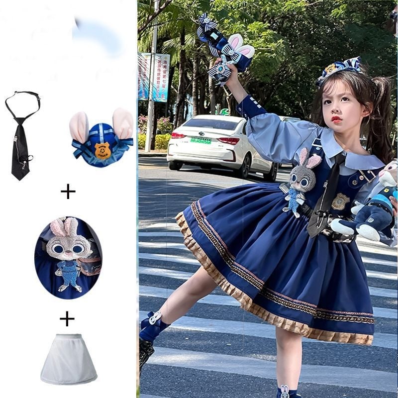 Παιδικό κοστούμι σε δύο μέρη: φόρεμα σε στυλ Rabbit Officer Judy Lolita, terry ύφασμα, 50–70% γούνα κουνελιού, φούστα Α-γραμμής, κατάλληλο για νεογέννητα 0–1 έτους, άνοιξη-φθινόπωρο.