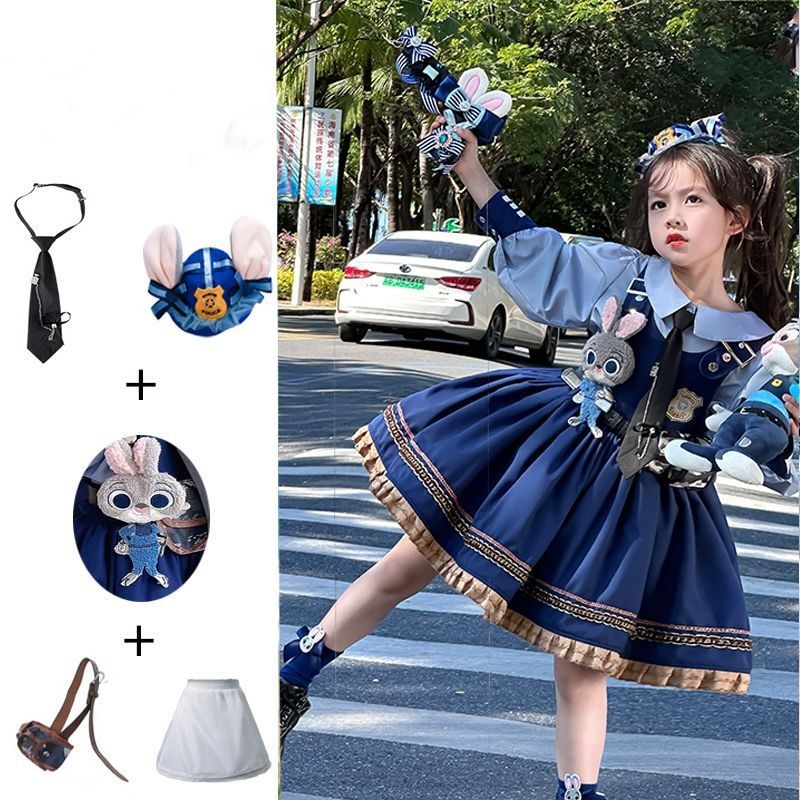 Παιδικό κοστούμι σε δύο μέρη: φόρεμα σε στυλ Rabbit Officer Judy Lolita, terry ύφασμα, 50–70% γούνα κουνελιού, φούστα Α-γραμμής, κατάλληλο για νεογέννητα 0–1 έτους, άνοιξη-φθινόπωρο.