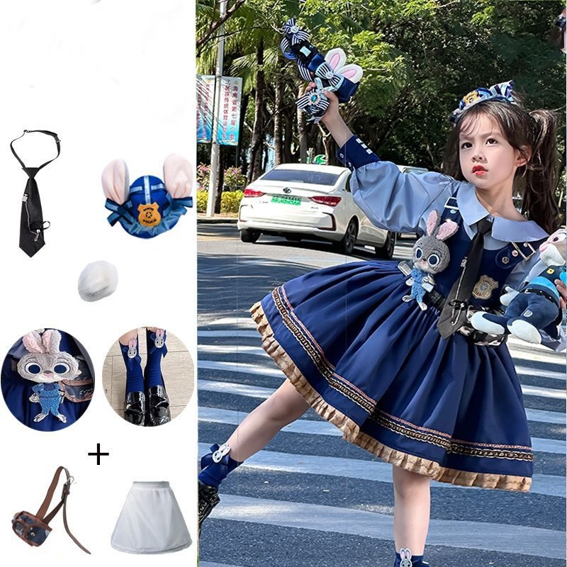 Παιδικό κοστούμι σε δύο μέρη: φόρεμα σε στυλ Rabbit Officer Judy Lolita, terry ύφασμα, 50–70% γούνα κουνελιού, φούστα Α-γραμμής, κατάλληλο για νεογέννητα 0–1 έτους, άνοιξη-φθινόπωρο.