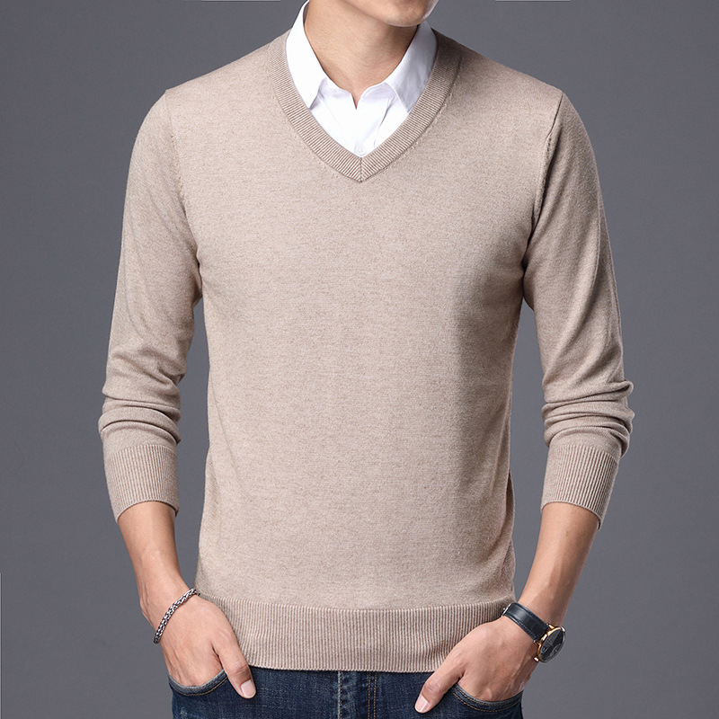 Ανδρικός πουλόβερ από μαλλί με V-λαιμό, στενή γραμμή Slim Fit, μακριά μανίκια, παχύτερο ύφασμα, ραβδωτό τελείωμα