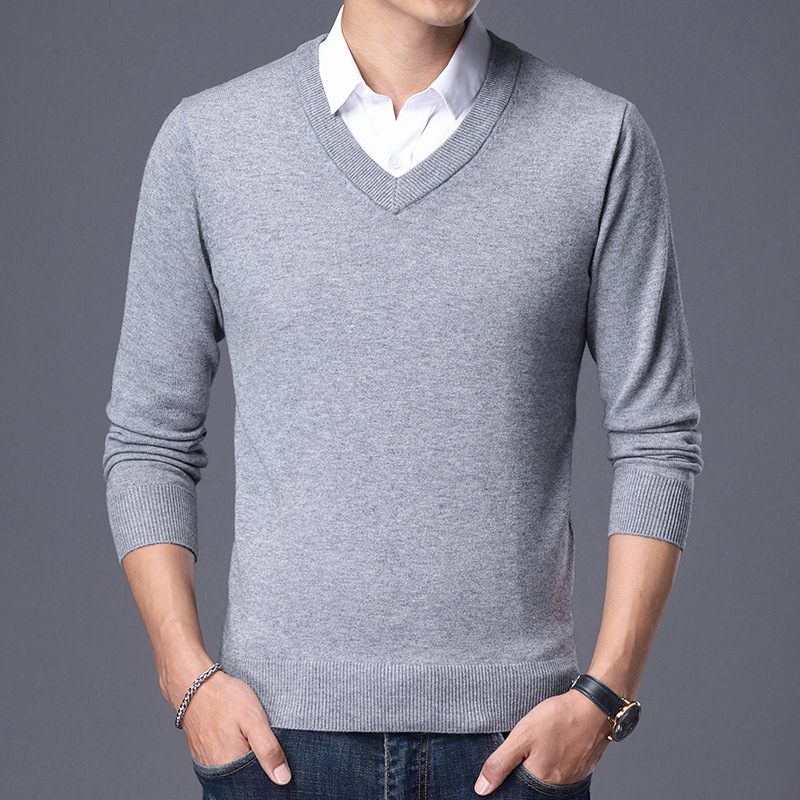 Ανδρικός πουλόβερ από μαλλί με V-λαιμό, στενή γραμμή Slim Fit, μακριά μανίκια, παχύτερο ύφασμα, ραβδωτό τελείωμα
