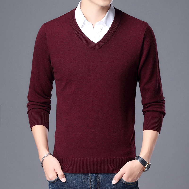 Ανδρικός πουλόβερ από μαλλί με V-λαιμό, στενή γραμμή Slim Fit, μακριά μανίκια, παχύτερο ύφασμα, ραβδωτό τελείωμα