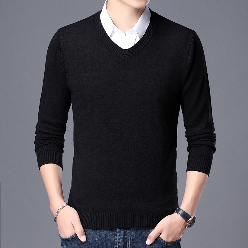 Ανδρικός πουλόβερ από μαλλί με V-λαιμό, στενή γραμμή Slim Fit, μακριά μανίκια, παχύτερο ύφασμα, ραβδωτό τελείωμα