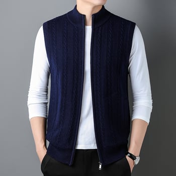 Férfi gyapjú kardigán 100% gyapjúból, álló gallérral, jacquard mintával, vastag anyag, karcsú szabás