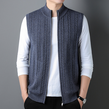 Férfi gyapjú kardigán 100% gyapjúból, álló gallérral, jacquard mintával, vastag anyag, karcsú szabás