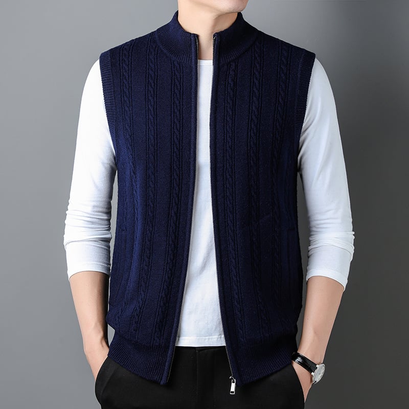 Férfi gyapjú kardigán 100% gyapjúból, álló gallérral, jacquard mintával, vastag anyag, karcsú szabás