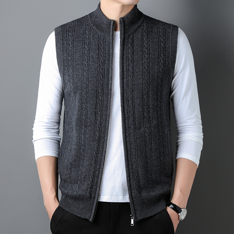 Férfi gyapjú kardigán 100% gyapjúból, álló gallérral, jacquard mintával, vastag anyag, karcsú szabás