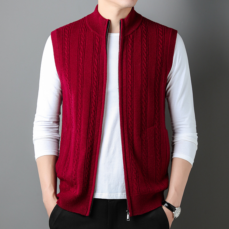 Férfi gyapjú kardigán 100% gyapjúból, álló gallérral, jacquard mintával, vastag anyag, karcsú szabás