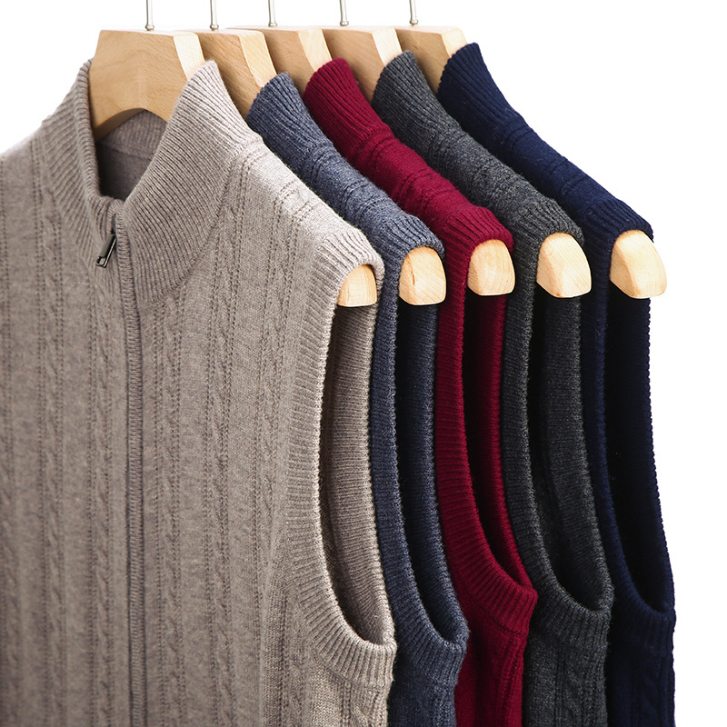 Férfi gyapjú kardigán 100% gyapjúból, álló gallérral, jacquard mintával, vastag anyag, karcsú szabás