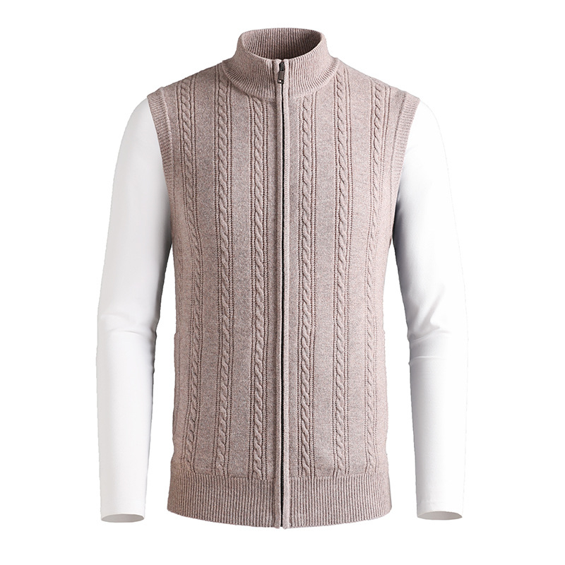 Férfi gyapjú kardigán 100% gyapjúból, álló gallérral, jacquard mintával, vastag anyag, karcsú szabás