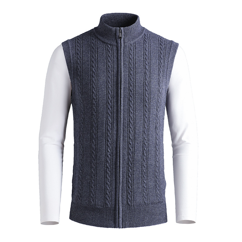 Férfi gyapjú kardigán 100% gyapjúból, álló gallérral, jacquard mintával, vastag anyag, karcsú szabás