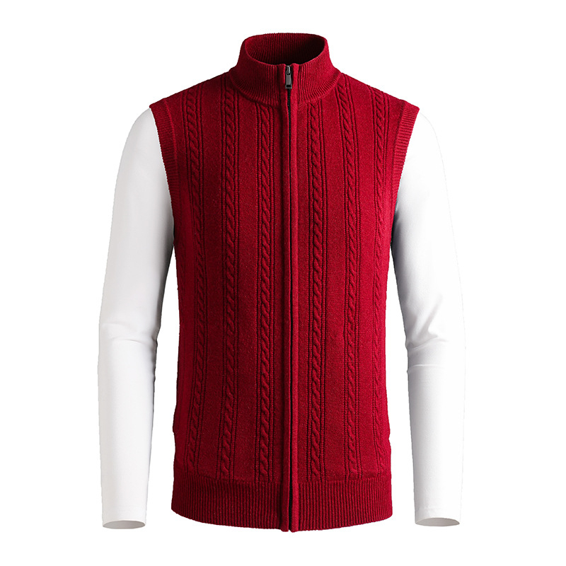 Férfi gyapjú kardigán 100% gyapjúból, álló gallérral, jacquard mintával, vastag anyag, karcsú szabás