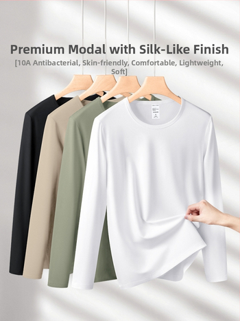 Pánske dlhé rukávy basové tričko z modal-bavlno-elastan zmesi, kruhový výstrih, priliehavý strih