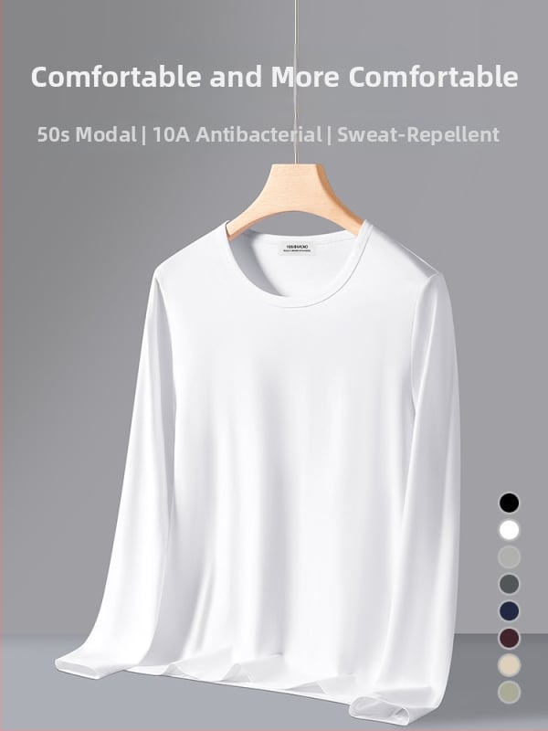 Pánske dlhé rukávy basové tričko z modal-bavlno-elastan zmesi, kruhový výstrih, priliehavý strih