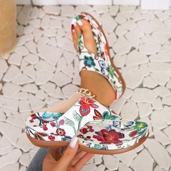 Sandale wedges pentru femei, model brodat cu flori, curea cu cataramă pe spate, căptușeală PU, talpă din material compozit, primăvara 2024