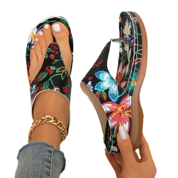 Sandale wedges pentru femei, model brodat cu flori, curea cu cataramă pe spate, căptușeală PU, talpă din material compozit, primăvara 2024