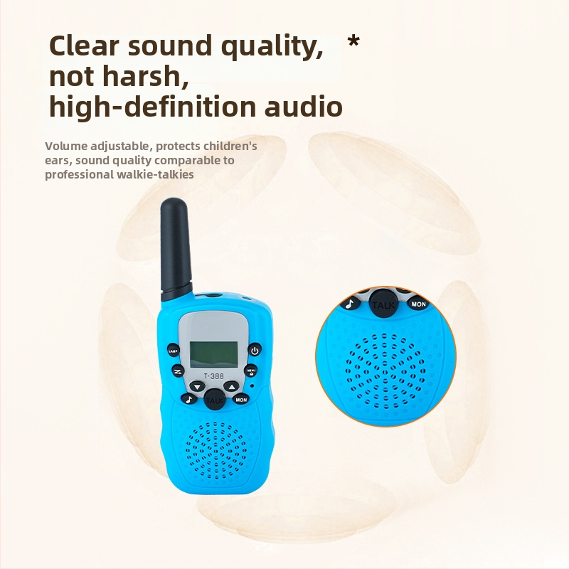 T388 Mini walkie-talkie pre deti — Kompaktný, dosah 1,5–3 km, 0,5 W výstup, 8–22 kanálov, Ni-MH 300 mAh batéria, proti rušeniu