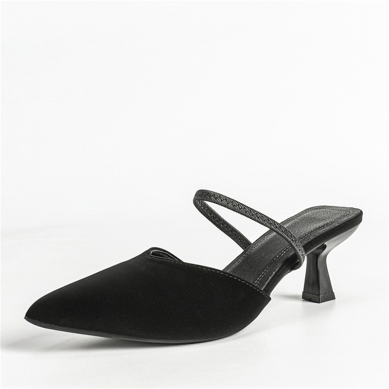 Sandale feminine cu spate deschis și vârf acoperit, vârf ascuțit, toc mediu 3–6 cm, partea superioară PU, curea cu o cataramă