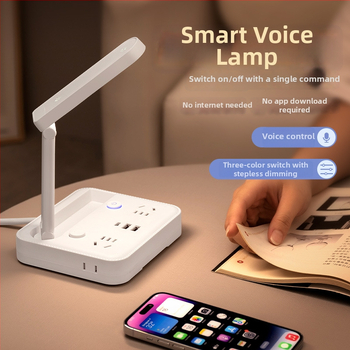 Αναδιπλούμενο φωτιστικό γραφείου με πρίζα, θύρα USB Type‑C και USB, έλεγχο φωνής και τηλεχειριστήριο