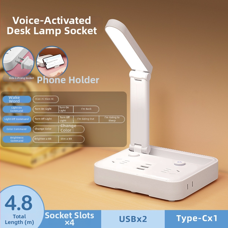 Αναδιπλούμενο φωτιστικό γραφείου με πρίζα, θύρα USB Type‑C και USB, έλεγχο φωνής και τηλεχειριστήριο