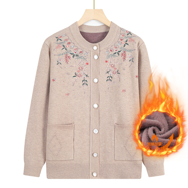 Dámsky kardigan z pleteniny, elegantný mestský štýl; polyester >95%, vzor rastlín a kvetov, dlhé rukávy, kruhový výstrih, dĺžka 50–65 cm