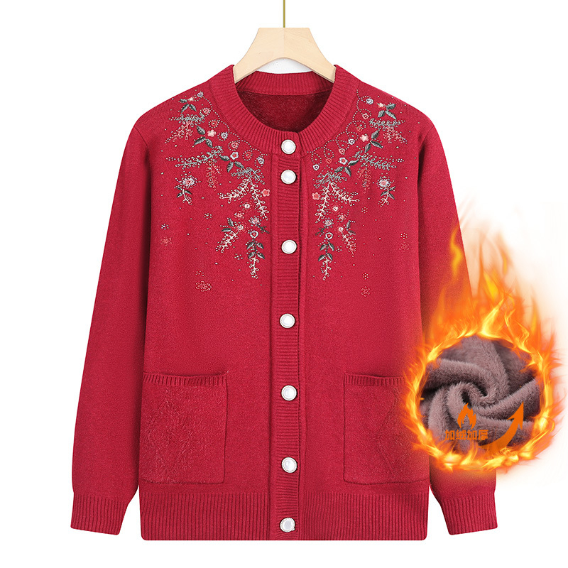 Dámsky kardigan z pleteniny, elegantný mestský štýl; polyester >95%, vzor rastlín a kvetov, dlhé rukávy, kruhový výstrih, dĺžka 50–65 cm