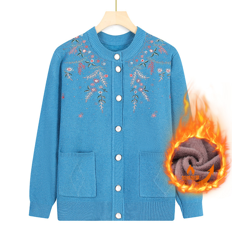 Dámsky kardigan z pleteniny, elegantný mestský štýl; polyester >95%, vzor rastlín a kvetov, dlhé rukávy, kruhový výstrih, dĺžka 50–65 cm